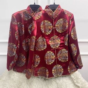 Elegant Red Satin Jacket with Gold Accents